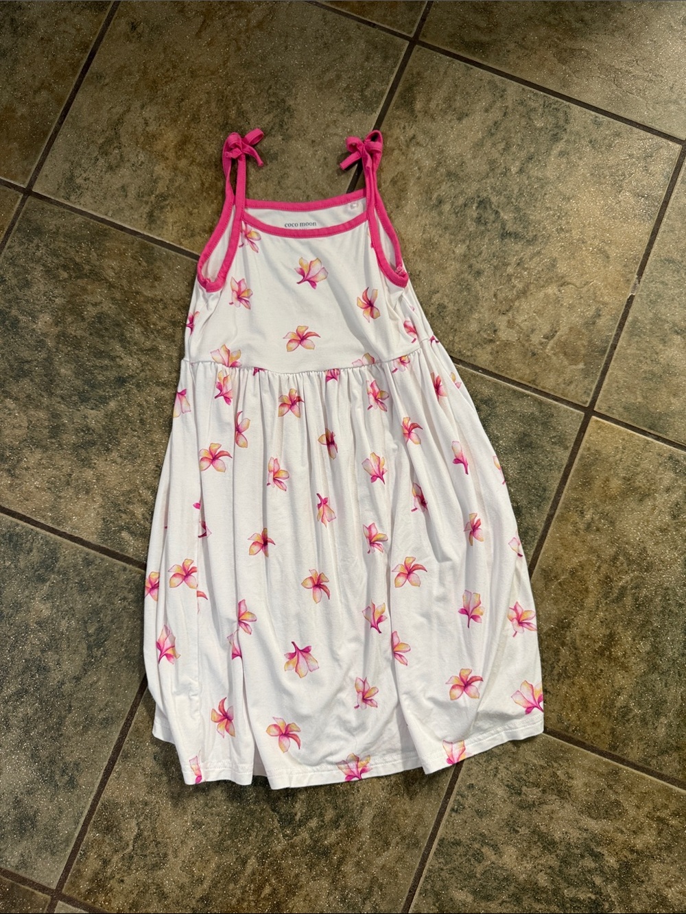 White Floral Tie-Shoulder Sundress for Girls - Pink Trim